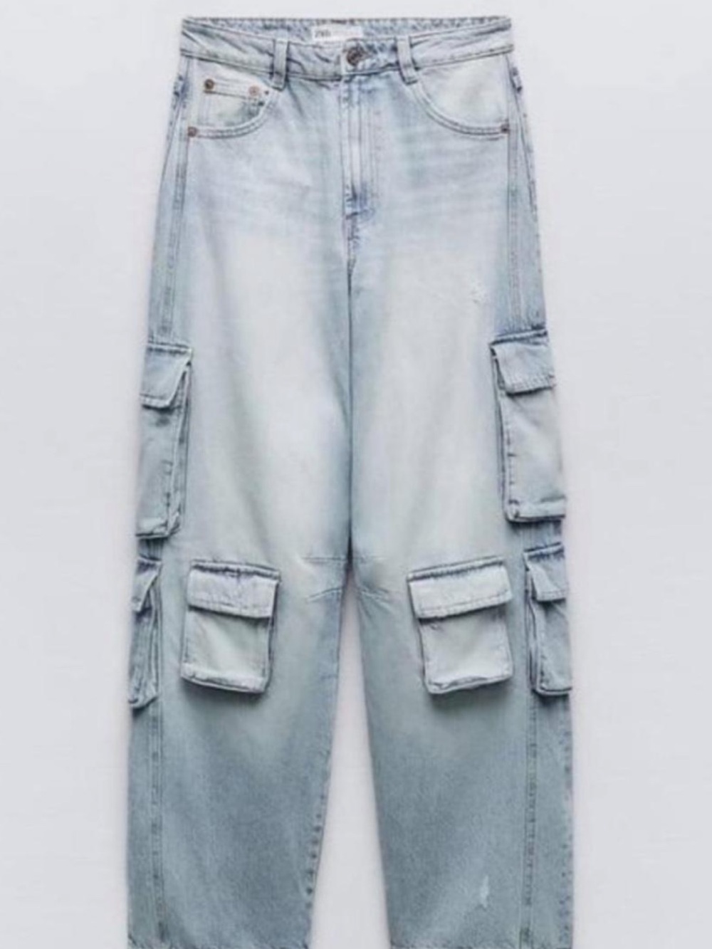 ZARA Light Wash Cargo Denim Jeans Multiple Pockets Heavy Size 6
